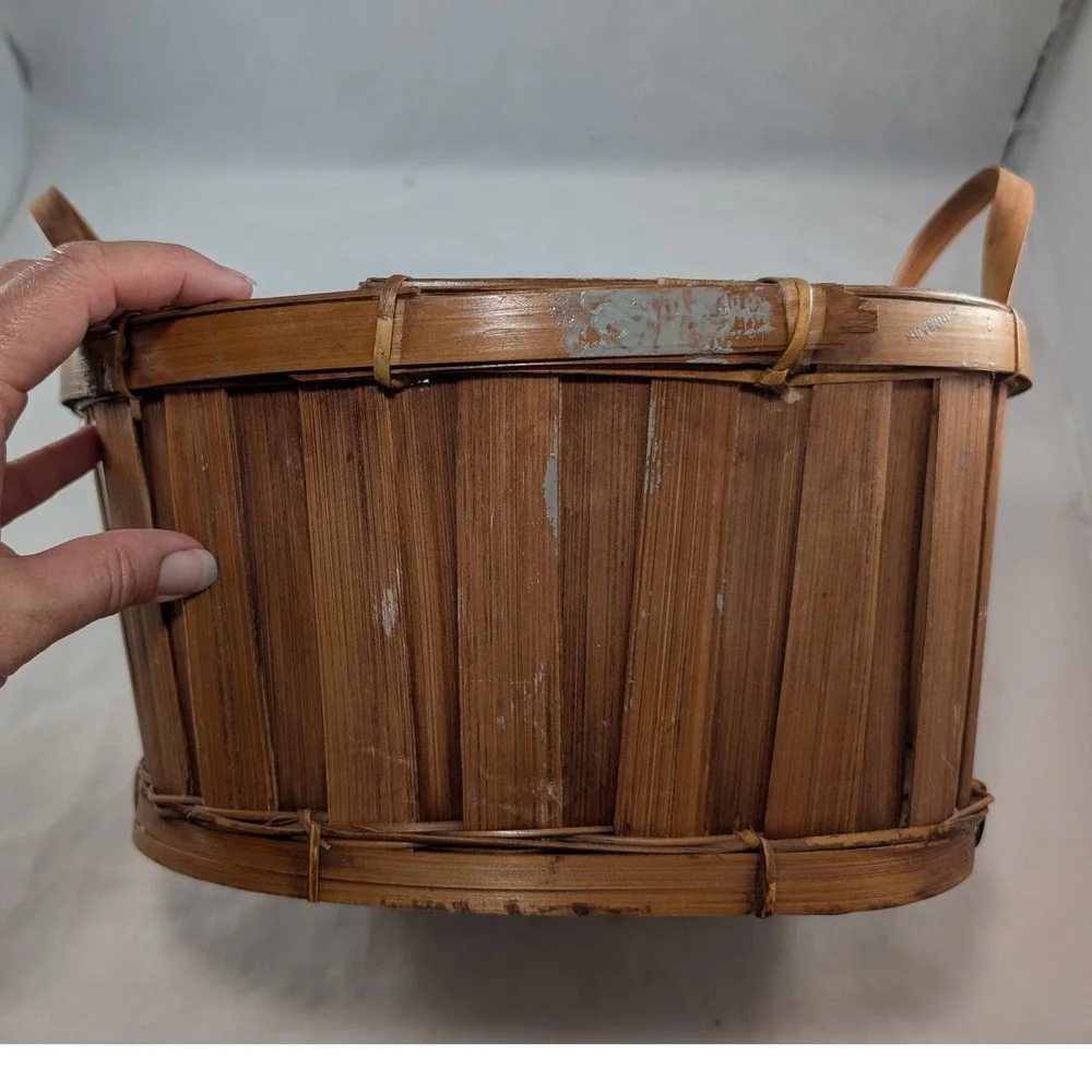 Vintage Woven Bamboo Strawberry Basket Oval Slatted Wood Storage with Handles
